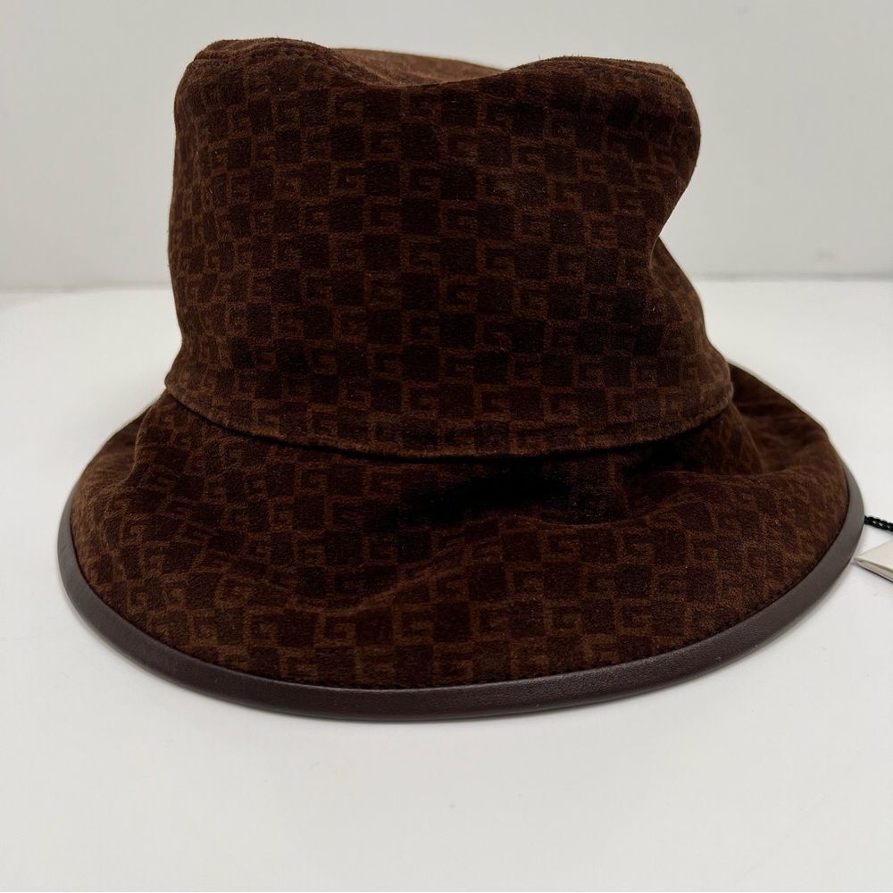 Gucci Bucket Hat Suede Leather Trim Brown GG Logo - Picture 2 of 6